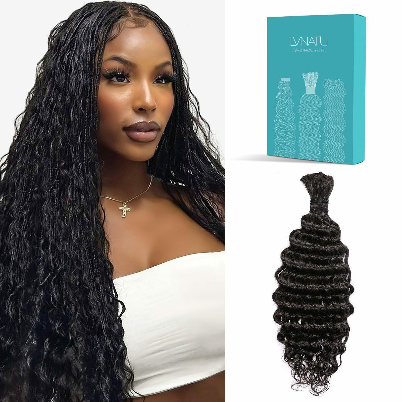 Lvnatu Human Braiding Hair for Boho Knotless Braids Wet and Wavy Bulk Deep Wa...