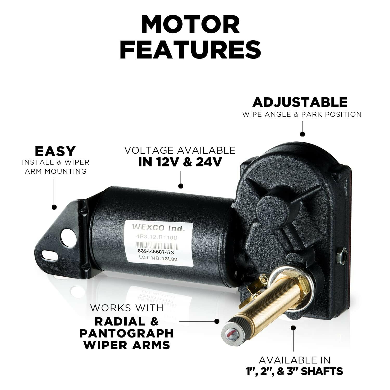 Wexco Wiper Motor, 4R3.12.R110D, Three and a half inch (3.5") shaft, 12V
