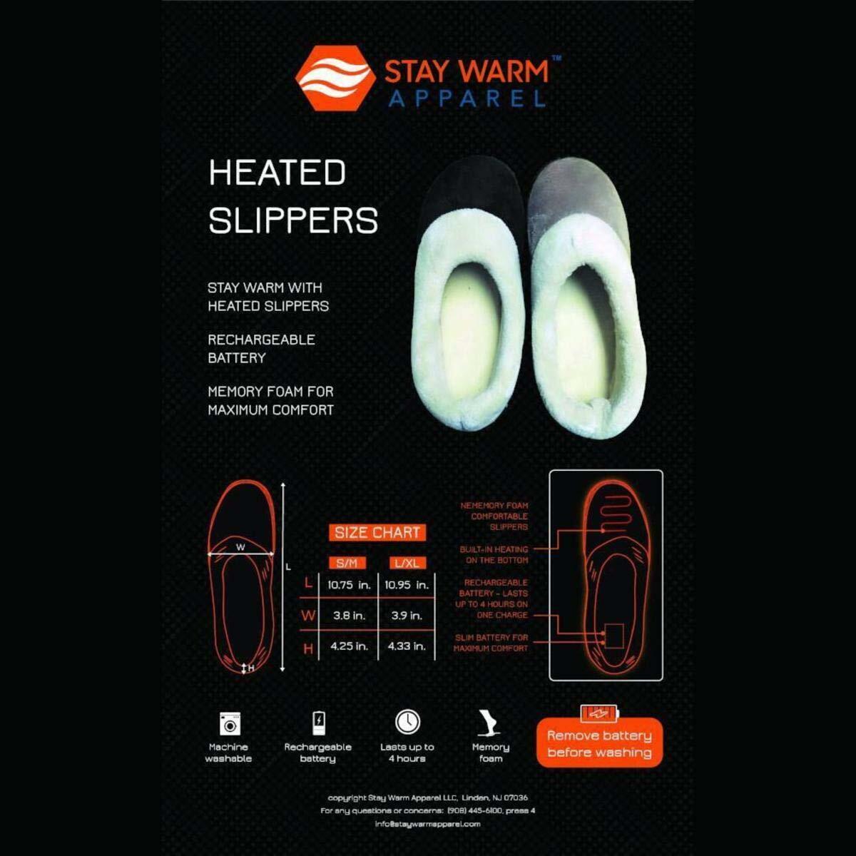 Stay Warm Apparel Memory Foam Heated Slipper With Rechargeable Battery, Black,