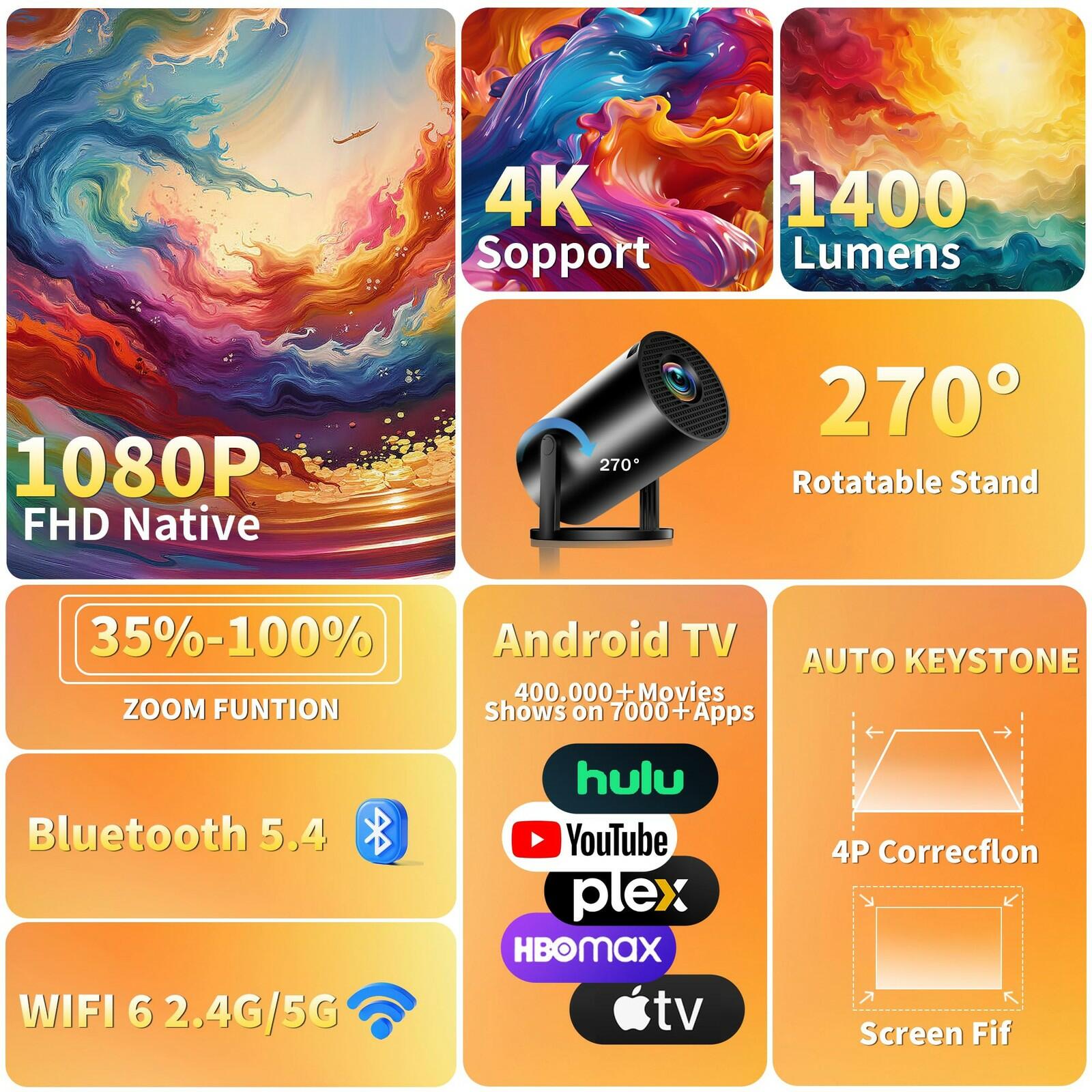 Mini Projector, Support 4K 1080P Portable Projector with Bidirectional WIFI6 5G