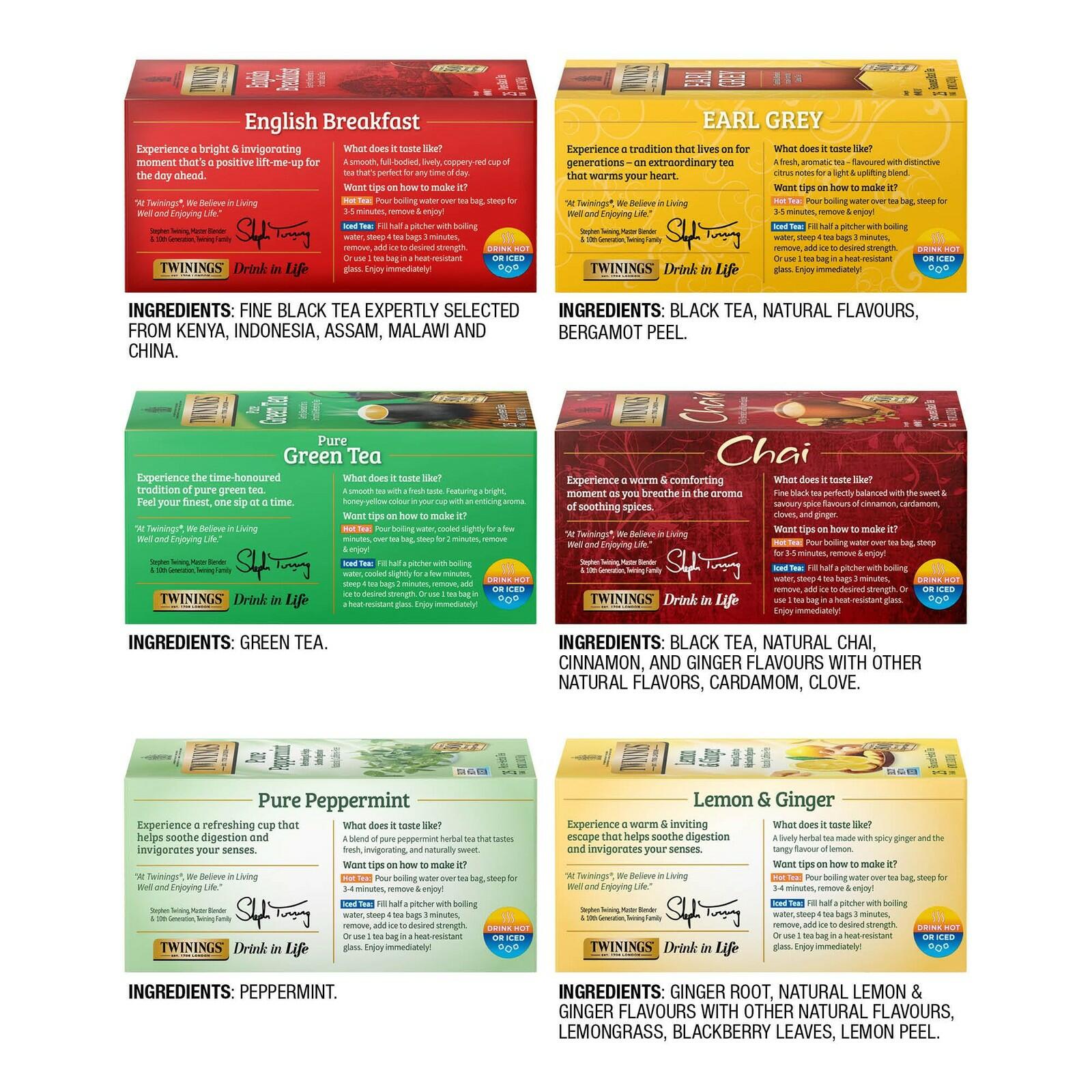 Twinings Variety Pack Tea Bags 25 Count Pack of 6 Includes English Breakfast ...