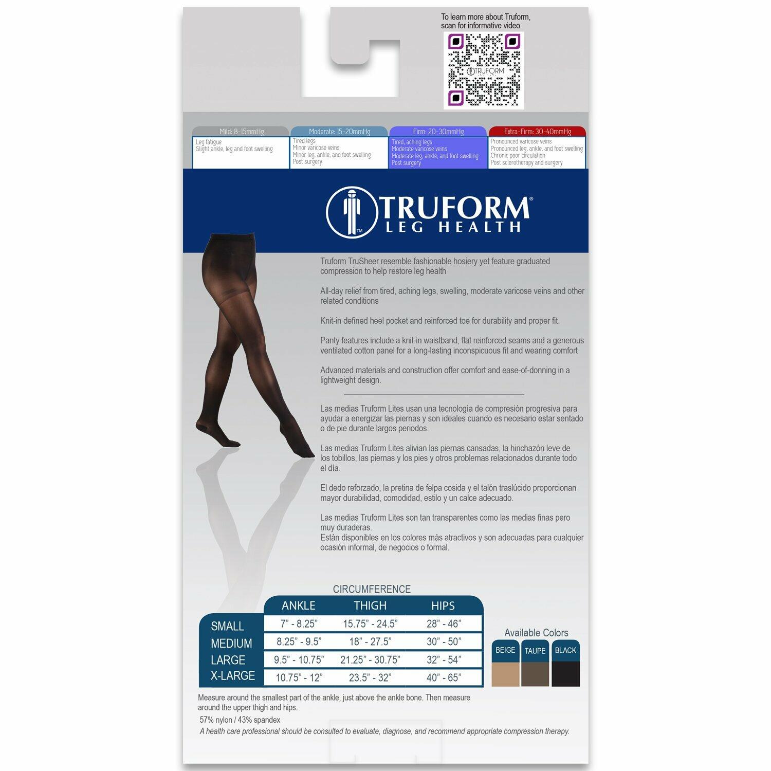 Truform Sheer Compression Pantyhose, 20-30 mmHg, Women's Shaping Tights, 20