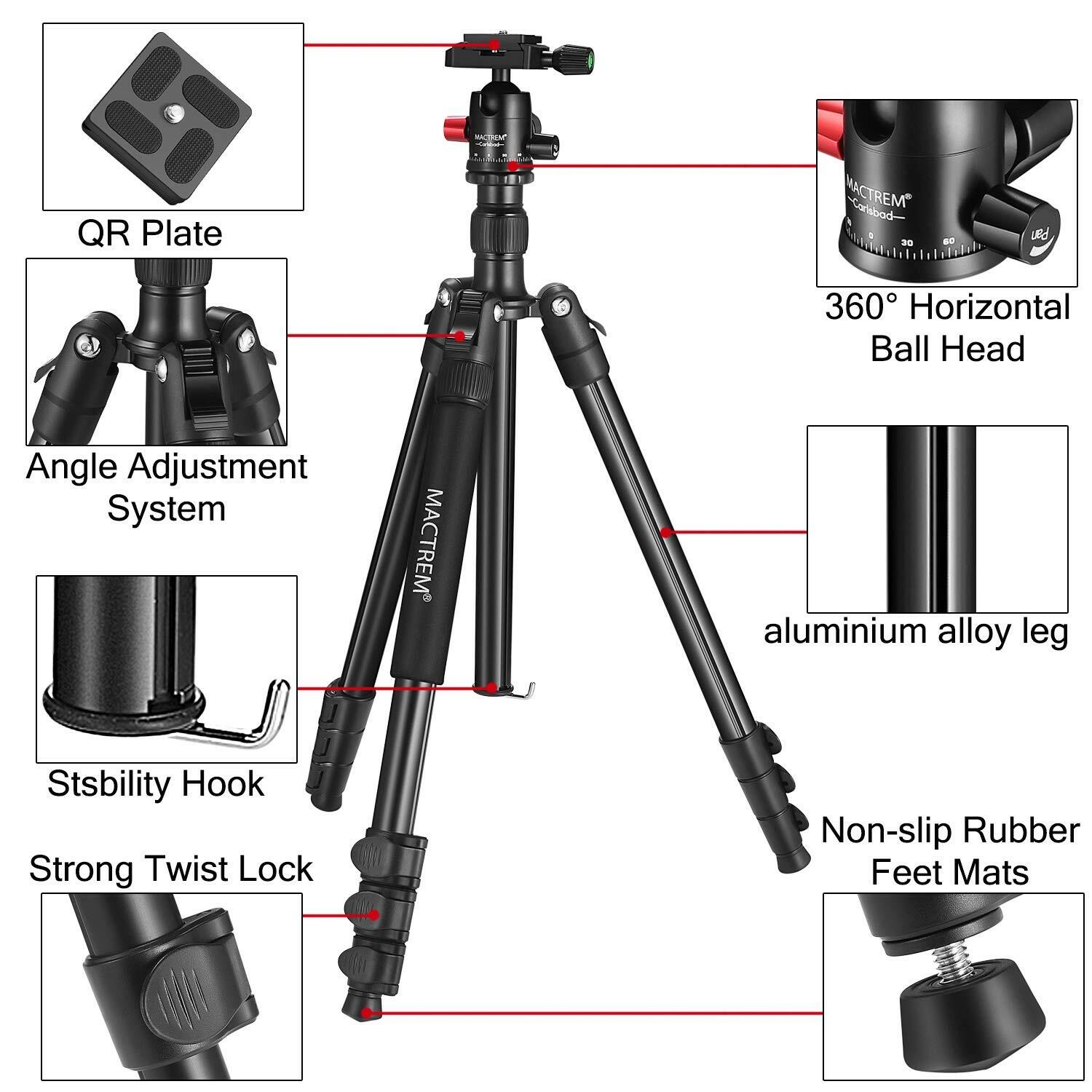 MACTREM Tripod DSLR SLR Tripod, 62.5" Light-Weight Aluminum Alloy Camera Tripod
