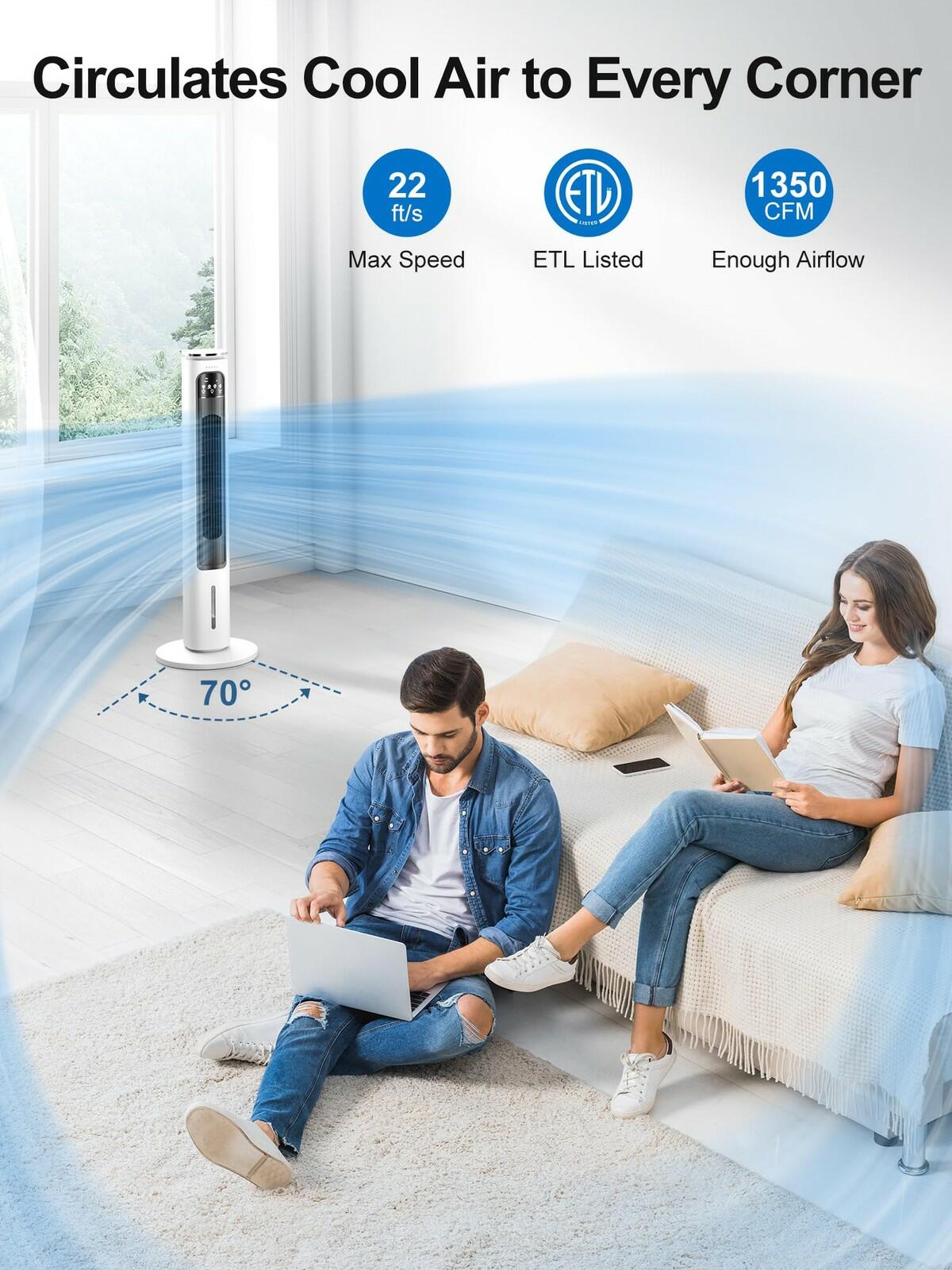 Evaporative Air Cooler, 37” Portable Air Conditioners, Swamp Cooler,4 Modes, 12H