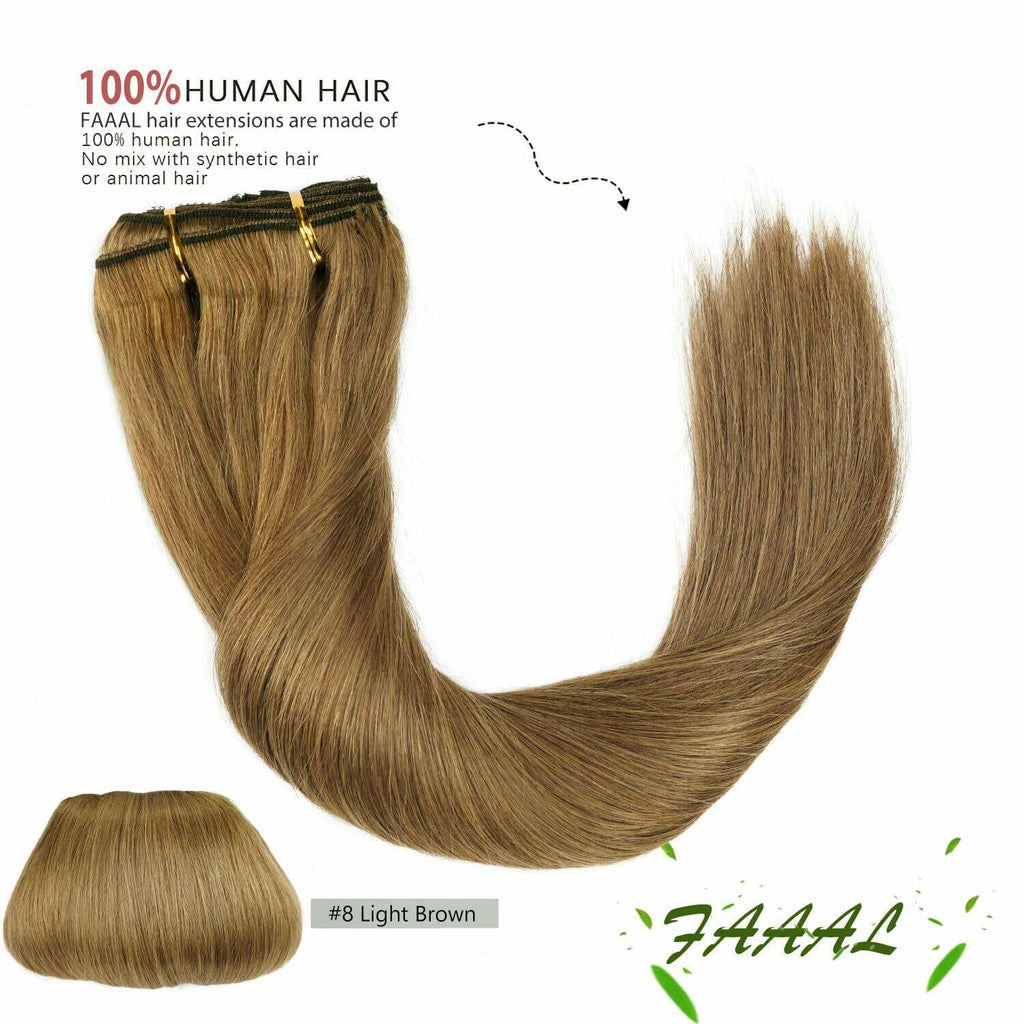 14" Clip in Human Hair Extensions Full Head 110g 7 Pieces 16 Clips 8# Light B...
