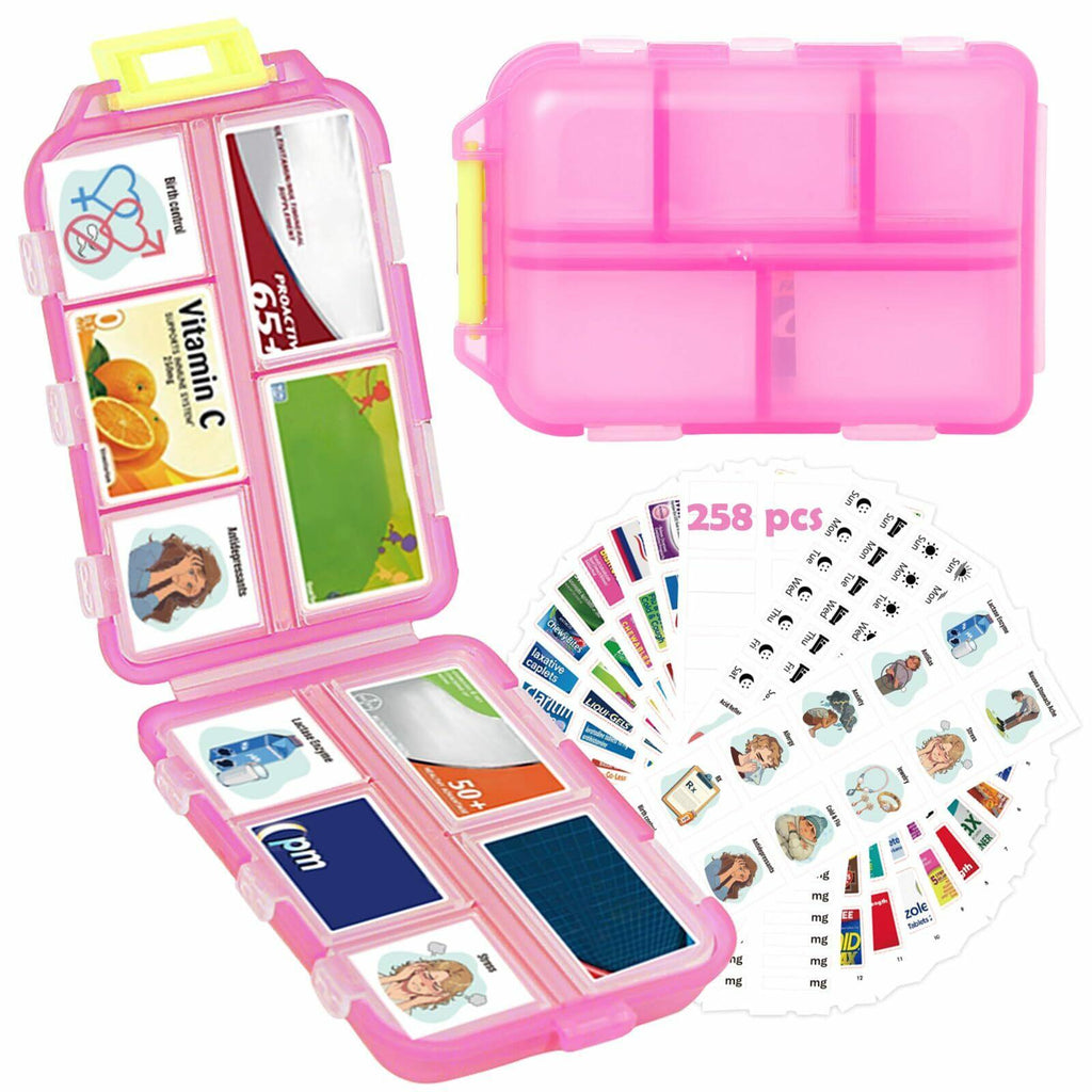 WUSUTE 2 Pcs Pill Organizer with Medicine Labels, Travel Pill Box Daily Pill