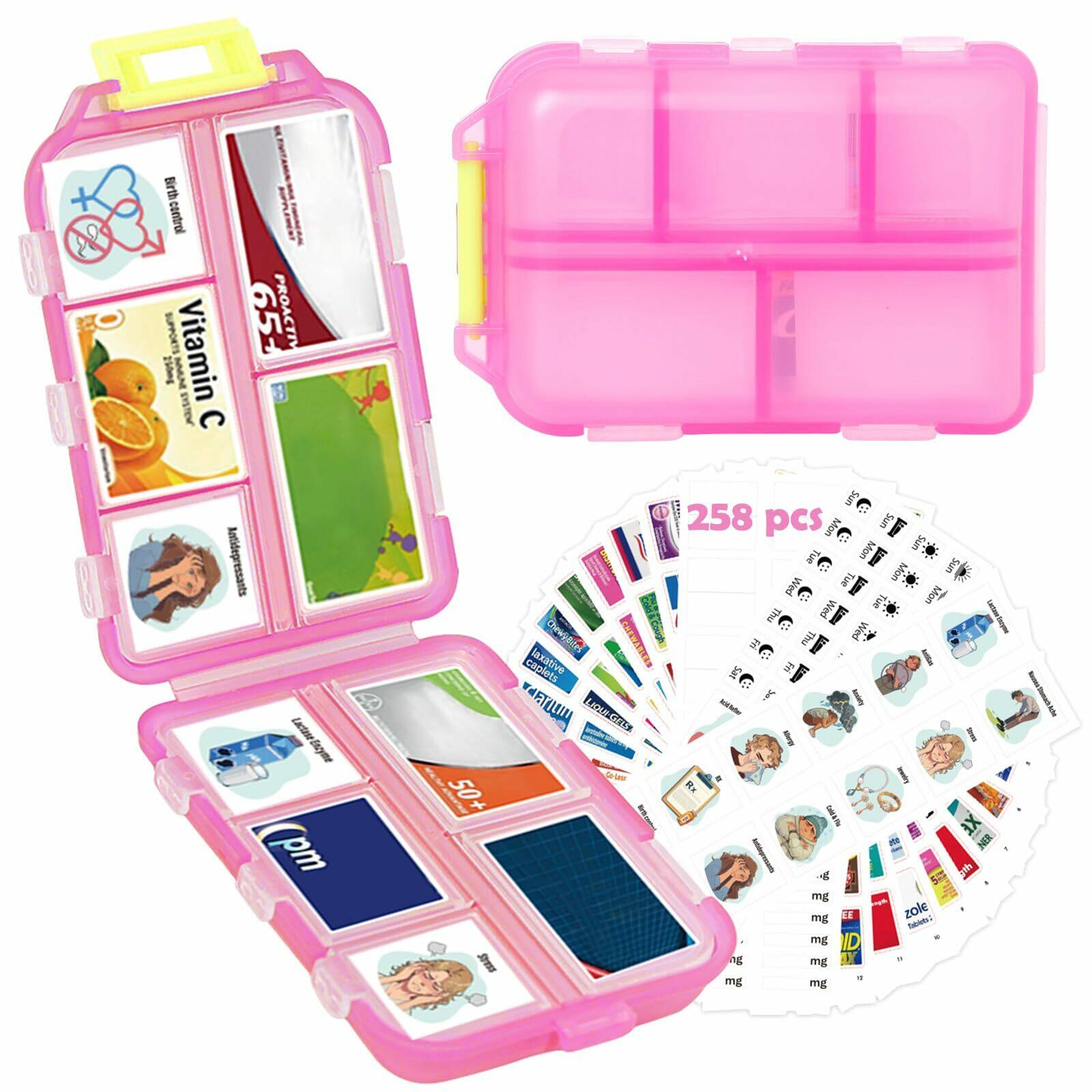 WUSUTE 2 Pcs Pill Organizer with Medicine Labels, Travel Pill Box Daily Pill
