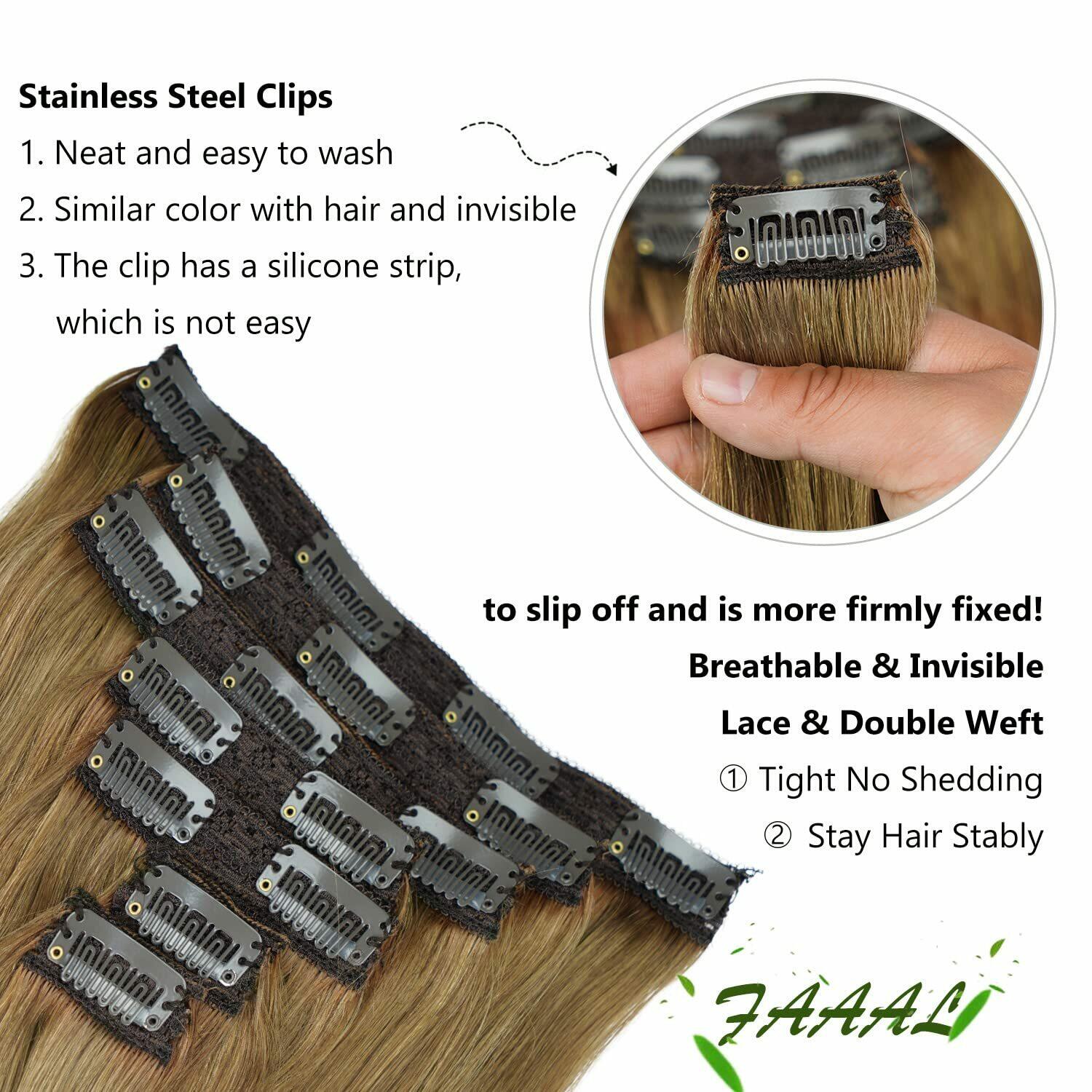 14" Clip in Human Hair Extensions Full Head 110g 7 Pieces 16 Clips 8# Light B...