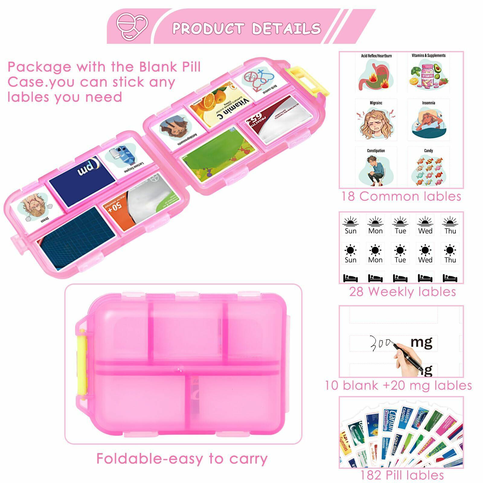 WUSUTE 2 Pcs Pill Organizer with Medicine Labels, Travel Pill Box Daily Pill