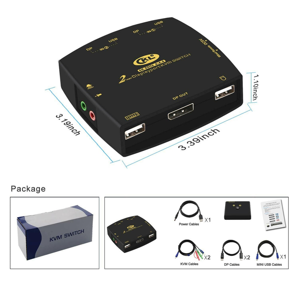 CKL DisplayPort KVM Switch 2 Port with Cables 4K@60Hz 4:4:4 321DP