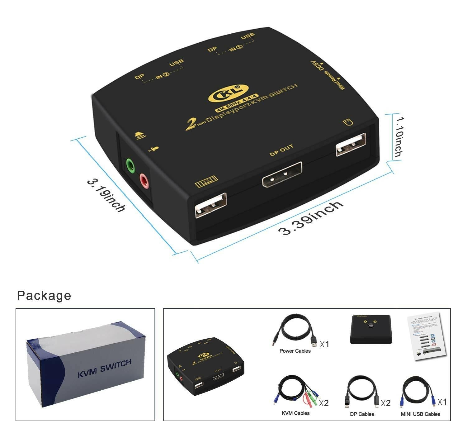 CKL DisplayPort KVM Switch 2 Port with Cables 4K@60Hz 4:4:4 321DP
