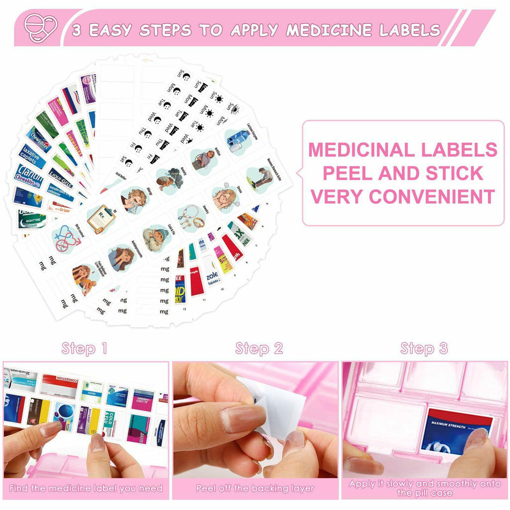WUSUTE 2 Pcs Pill Organizer with Medicine Labels, Travel Pill Box Daily Pill