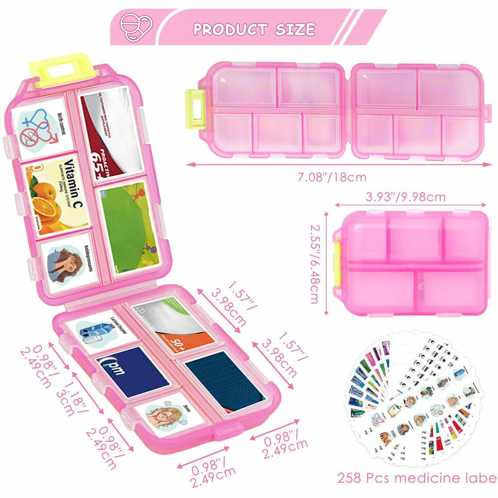 WUSUTE 2 Pcs Pill Organizer with Medicine Labels, Travel Pill Box Daily Pill
