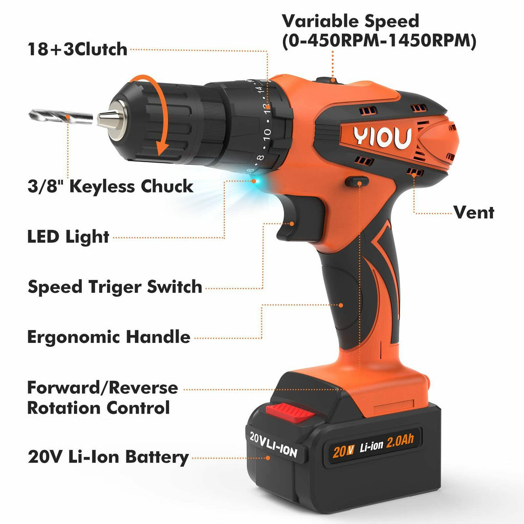 YIOU 20V MAX Cordless Drill/Driver Kit with Battery and Charger & Cordless