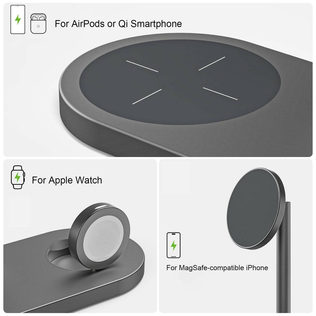 KU XIU Aluminum Alloy 3 in 1 Charging Station for Apple, Magnetic Wireless