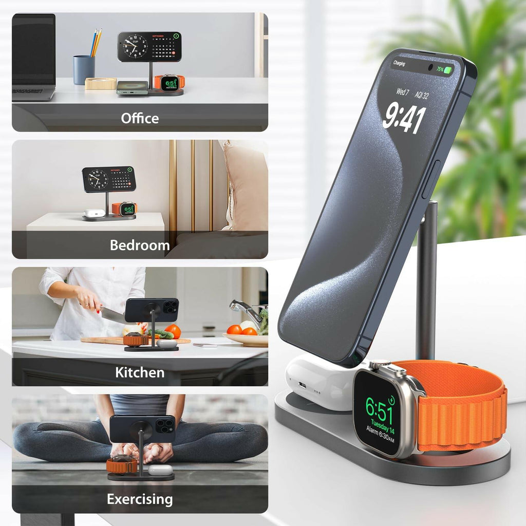 KU XIU Aluminum Alloy 3 in 1 Charging Station for Apple, Magnetic Wireless