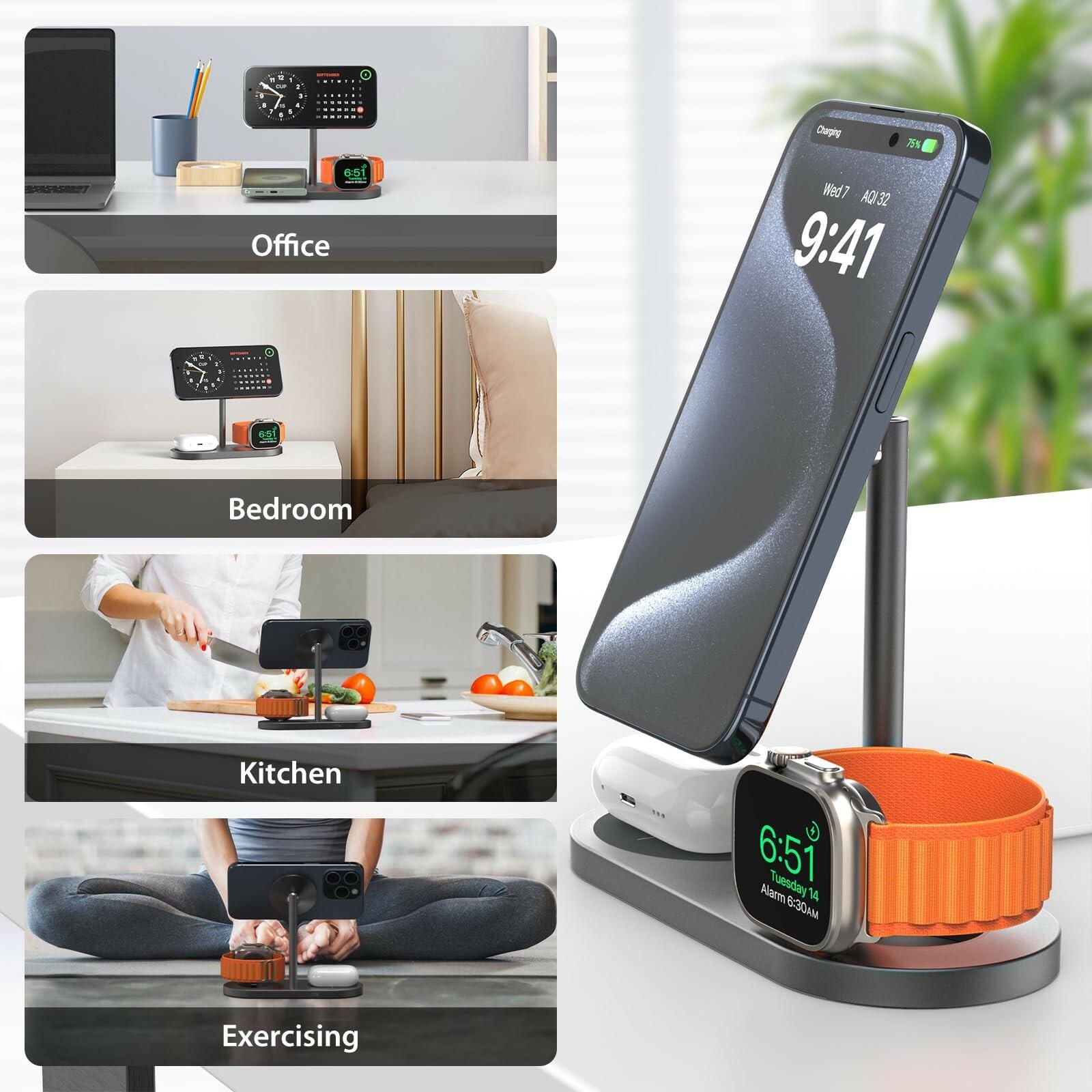 KU XIU Aluminum Alloy 3 in 1 Charging Station for Apple, Magnetic Wireless