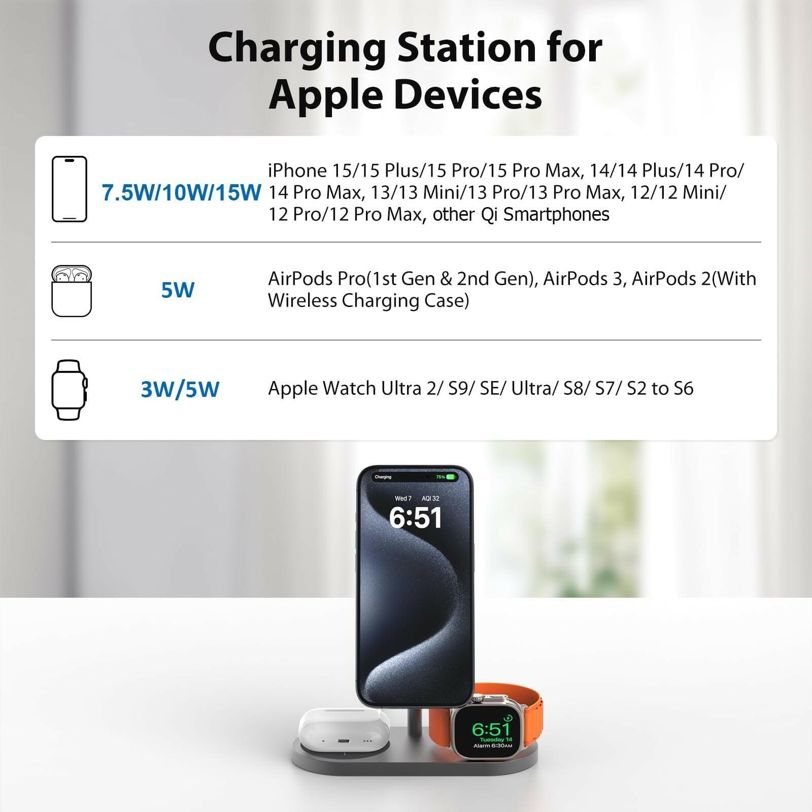KU XIU Aluminum Alloy 3 in 1 Charging Station for Apple, Magnetic Wireless