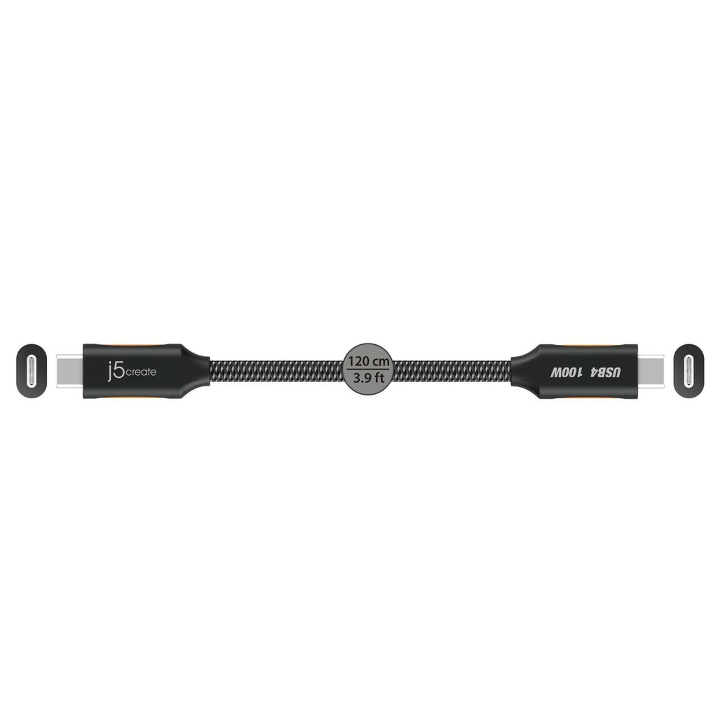 j5Create USB4 Gen 3 Full-Featured USB-C Braided Cable, 3.9', Black, JUCX27L12