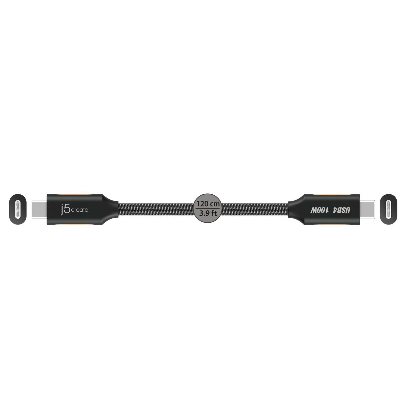 j5Create USB4 Gen 3 Full-Featured USB-C Braided Cable, 3.9', Black, JUCX27L12