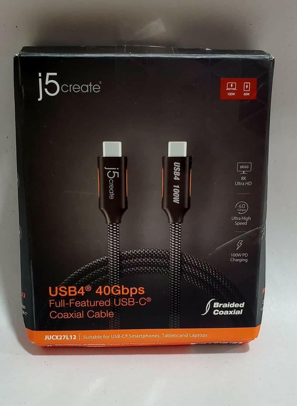 j5Create USB4 Gen 3 Full-Featured USB-C Braided Cable, 3.9', Black, JUCX27L12