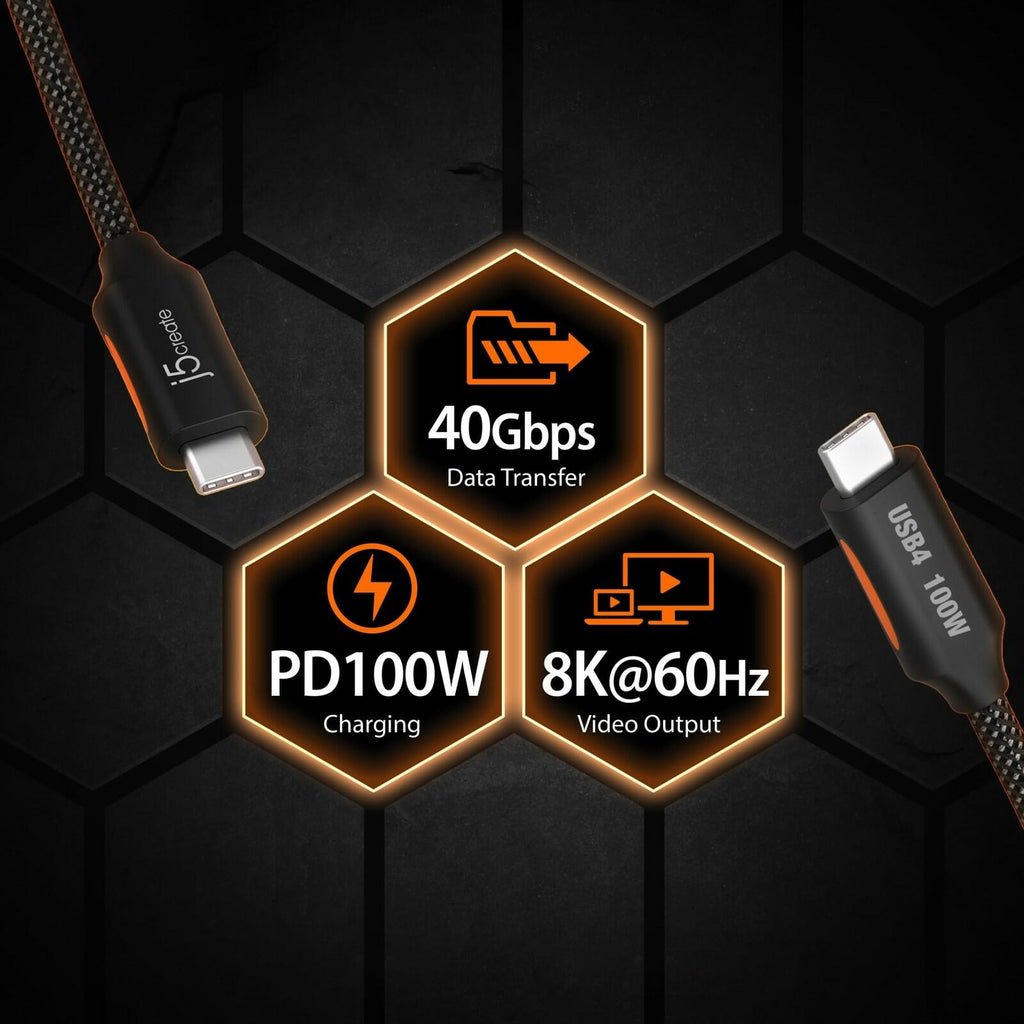 j5Create USB4 Gen 3 Full-Featured USB-C Braided Cable, 3.9', Black, JUCX27L12