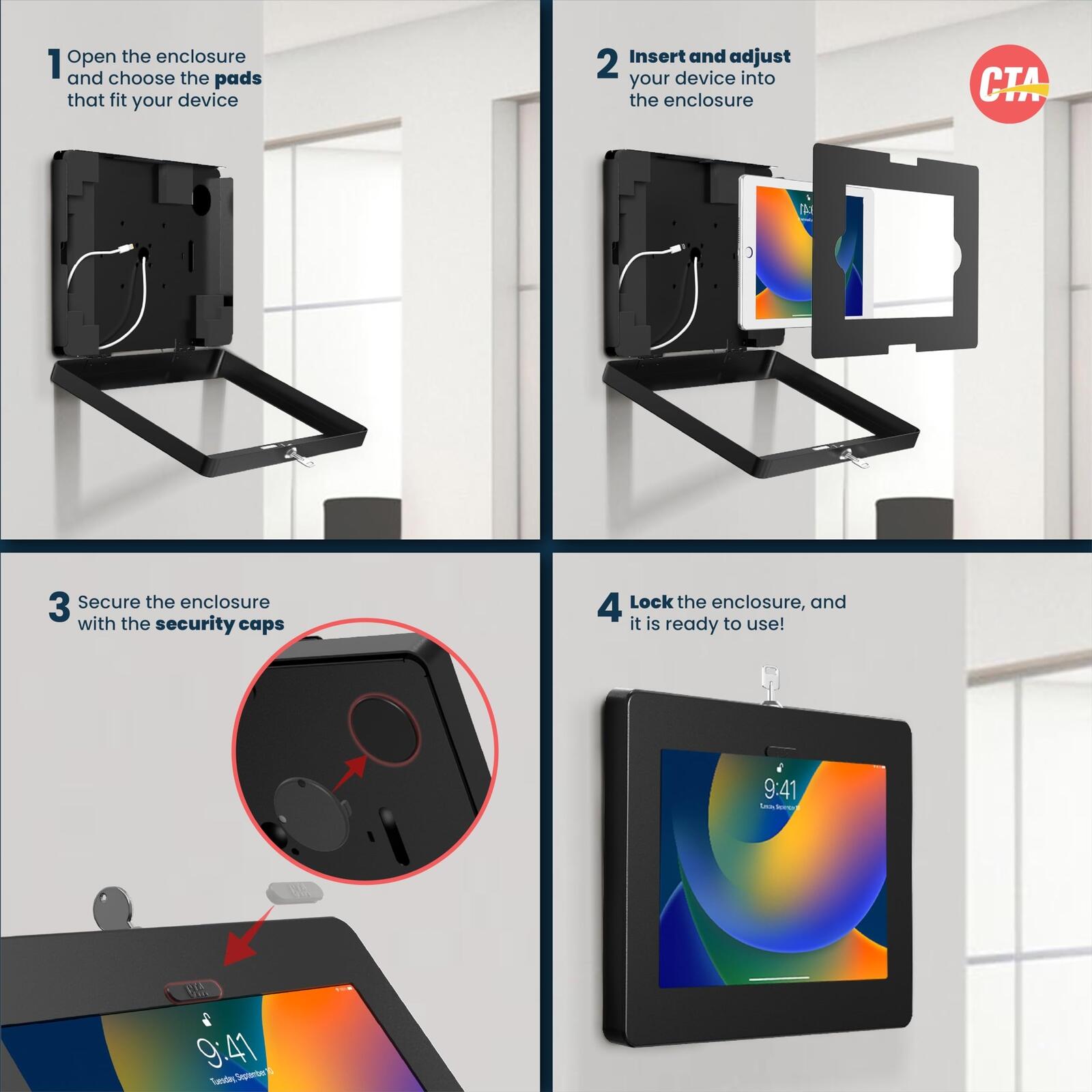 Locking iPad Wall Mount - CTA Anti-Theft Small Locking Tablet Enclosure w/ Key