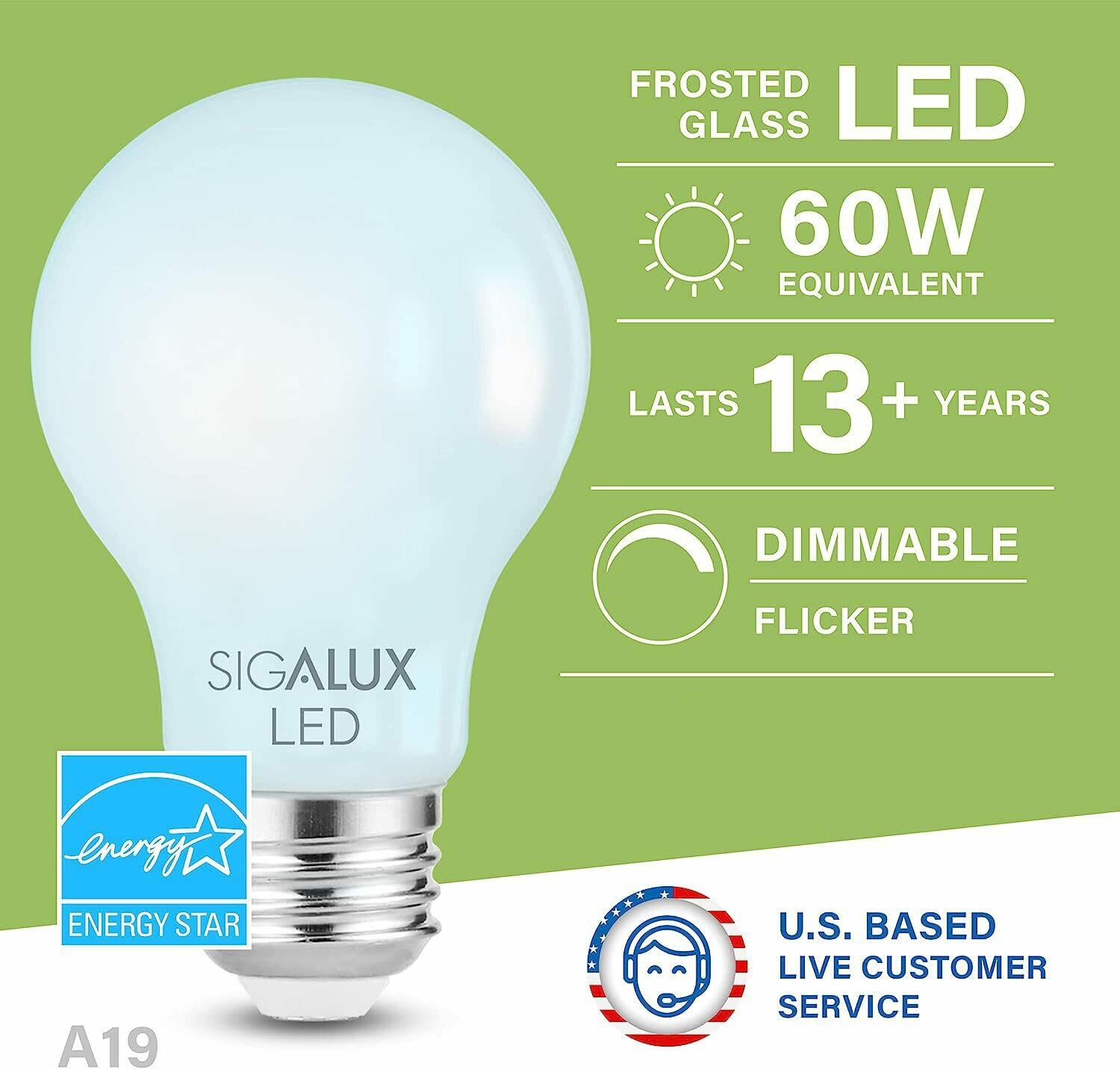Sigalux Dimmable E26 LED Light Bulb, 60W Equivalent, Energy Star Certified