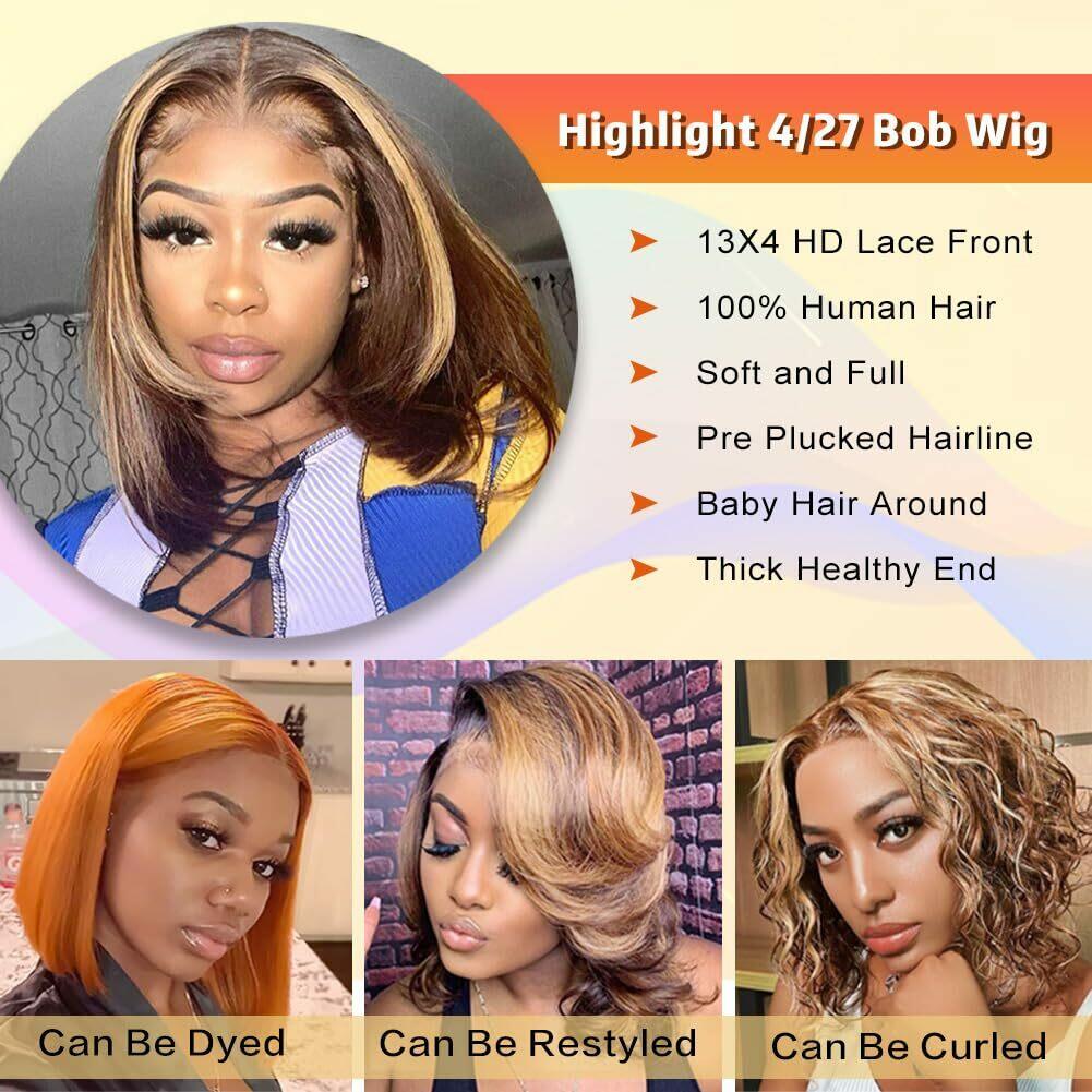 Highlight Bob Wig Human Hair 13x4 HD Lace Front Wigs Human Hair Pre Plucked H...