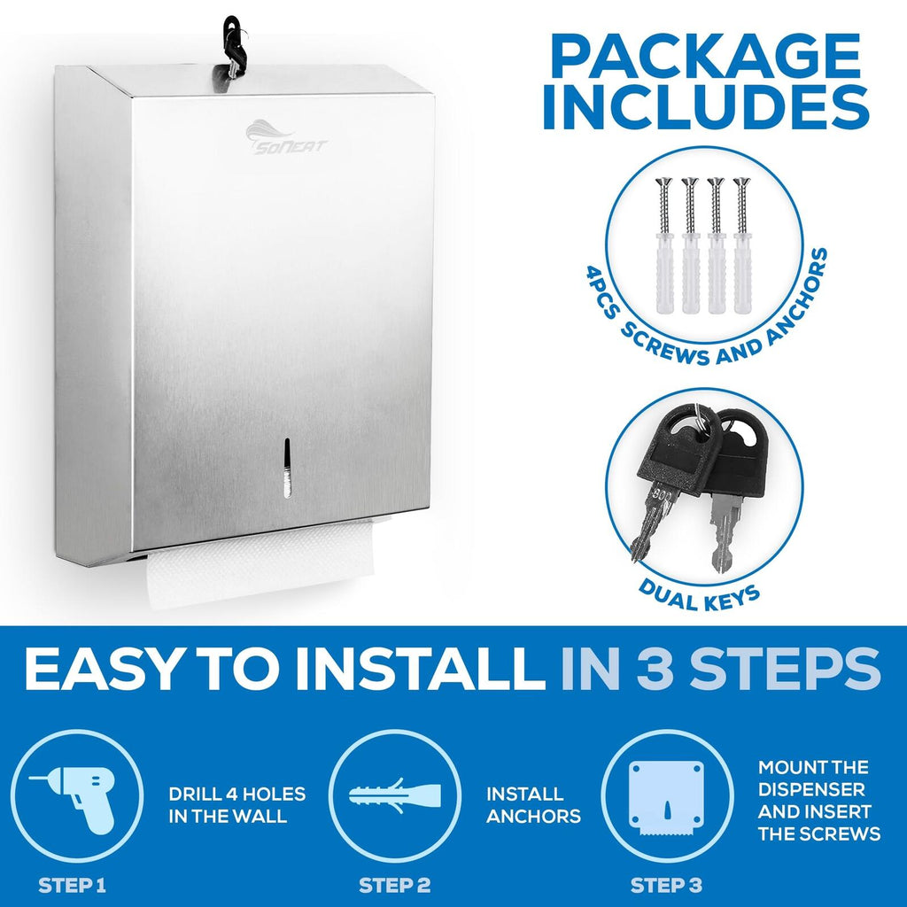 SoNeat Paper Towel Dispenser, Holds 500 Sheets of Multifold, C-Fold, Trifold