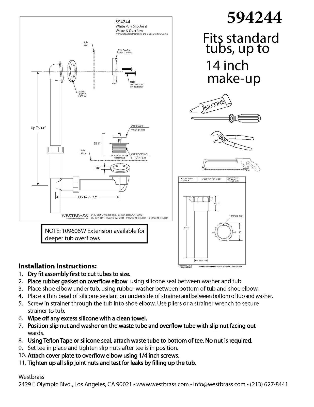 Westbrass 594244-12 14" White Tubular Bath Waste & Overflow Assembly with Twist