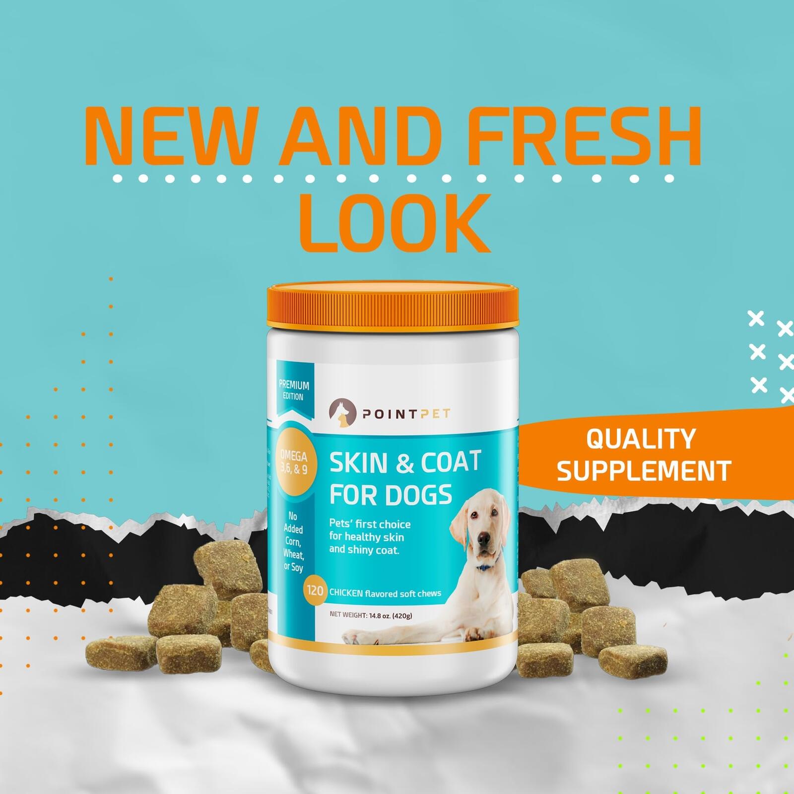 PointPet Omega-3, 6 & 9, 120 Count - Skin & Coat Support Soft Bites - EPA, Fish