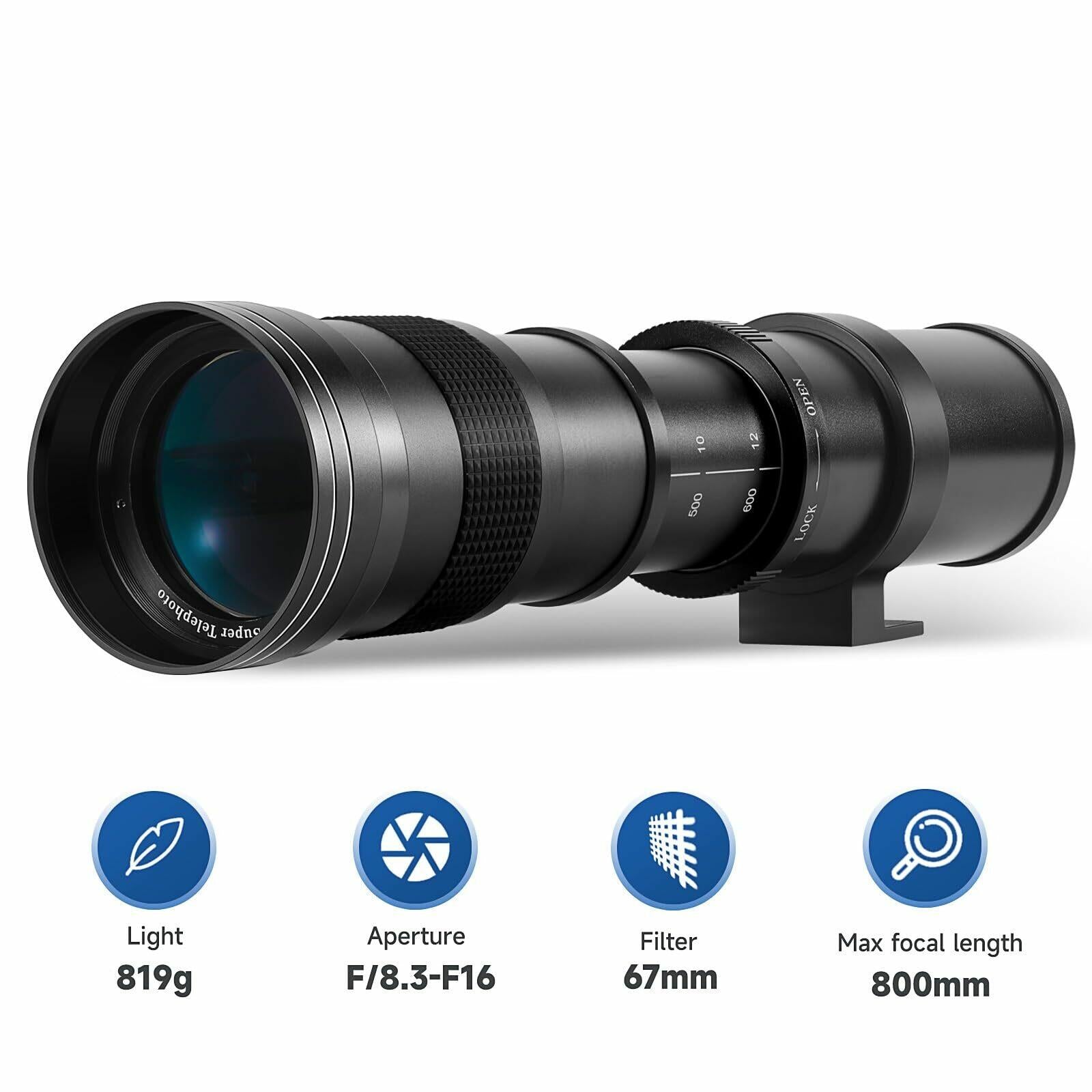 JINTU 420-800mm f/ 8.3 Manual Telephoto Zoom Lens + T-Mount for Canon EOS Rebel