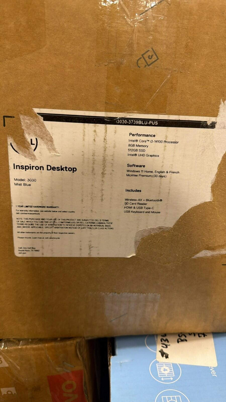 Dell Inspiron 3030 Desktop PC Intel Core i3-14100 8GB RAM 512GB SSD Win 11 WiFi