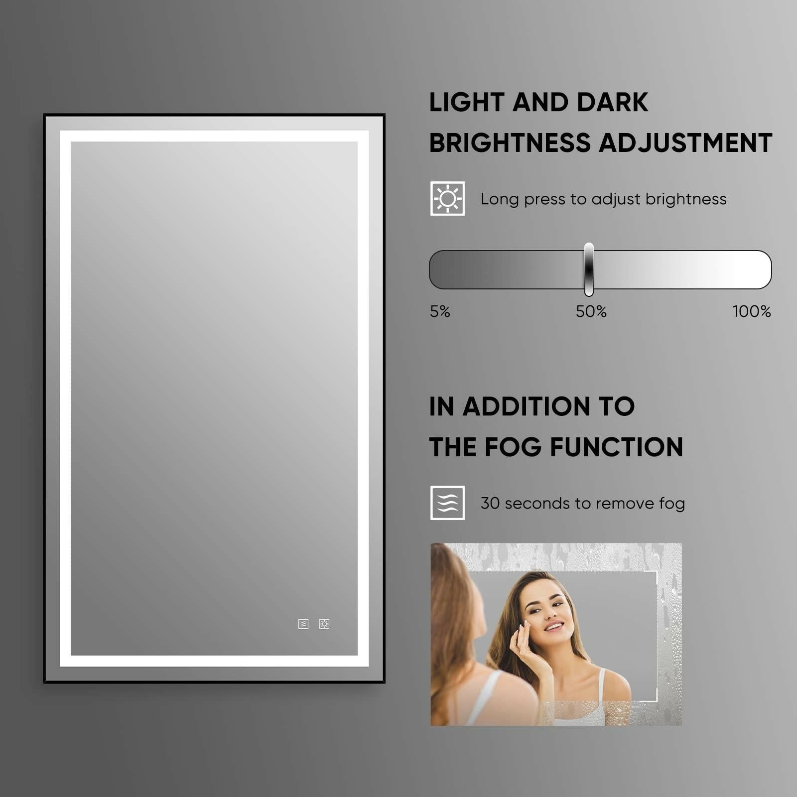 MIRTHIE 28"x 36" LED Bathroom Mirror with Black Frame, Stepless Dimmable,