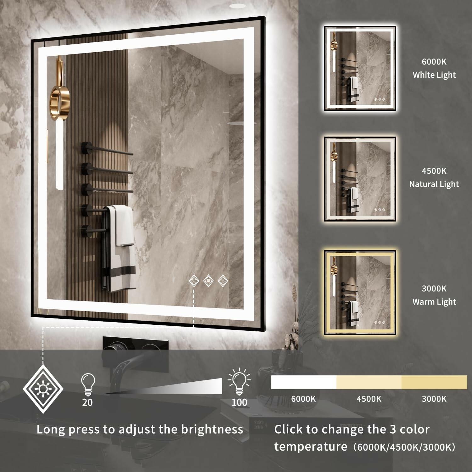 MIRTHIE 28"x 36" LED Bathroom Mirror with Black Frame, Stepless Dimmable,