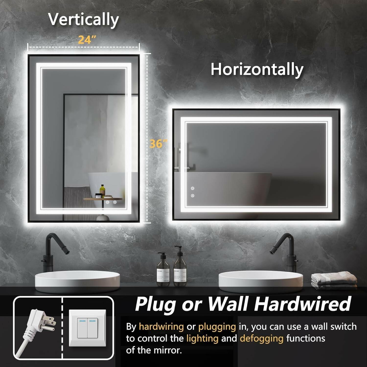 MIRTHIE 28"x 36" LED Bathroom Mirror with Black Frame, Stepless Dimmable,