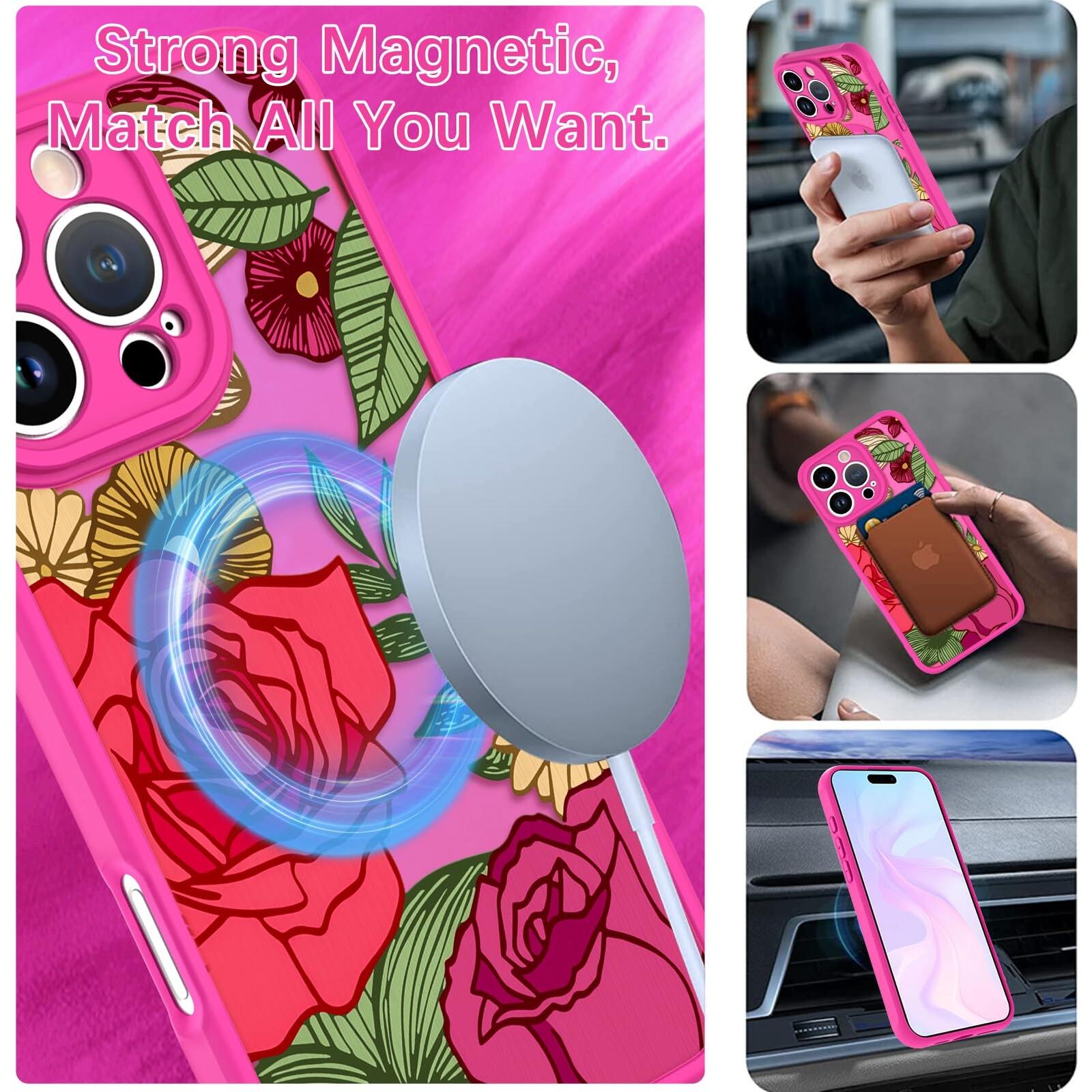 Wlxee Magnetic for iPhone 15 Pro Case Hot Pink Flower Floral Pattern [Compatible