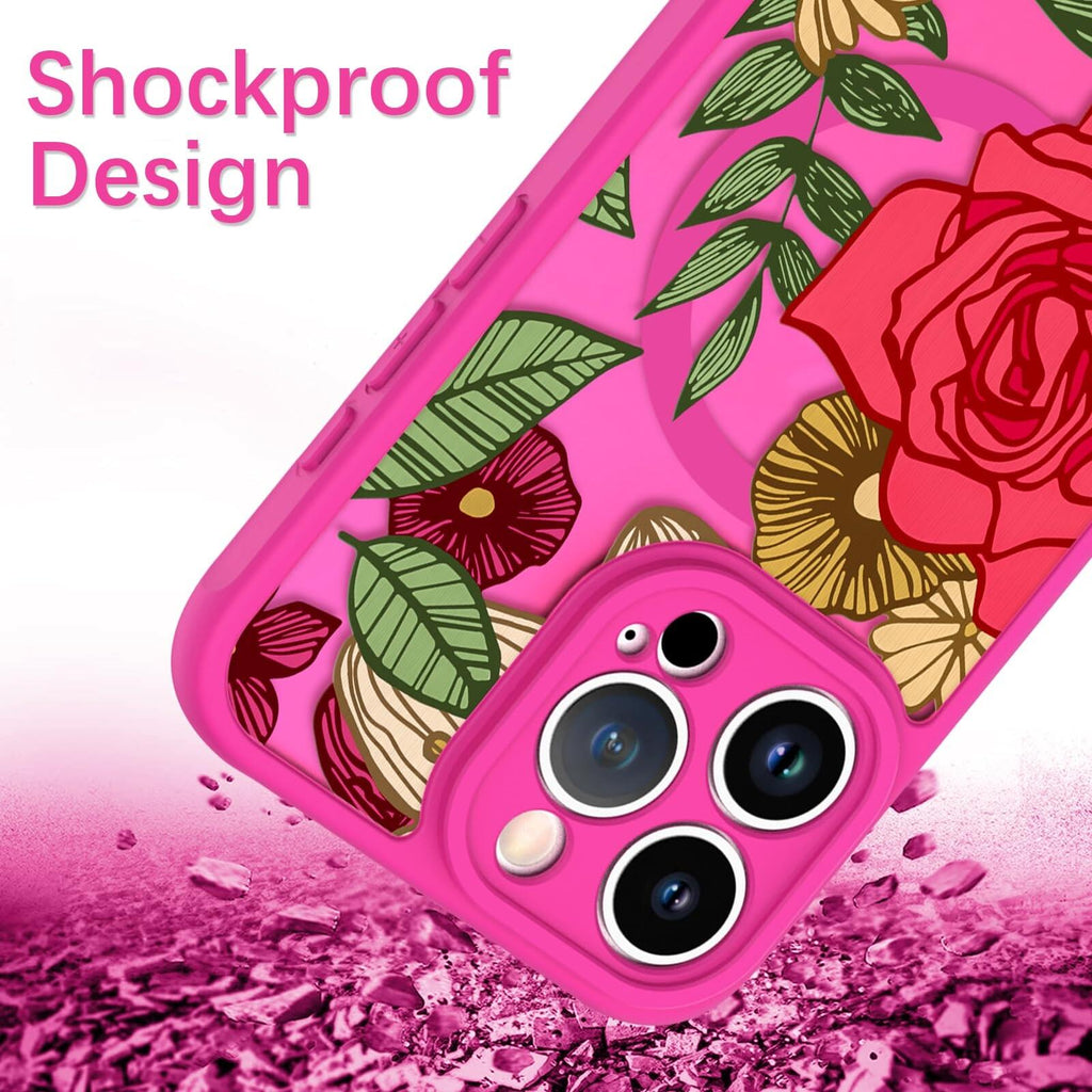 Wlxee Magnetic for iPhone 15 Pro Case Hot Pink Flower Floral Pattern [Compatible