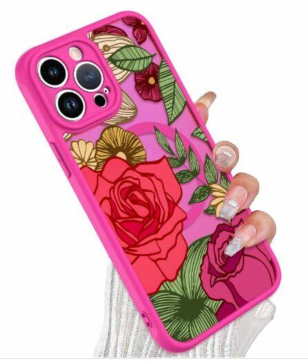 Wlxee Magnetic for iPhone 15 Pro Max Case Hot Pink Flower Floral Pattern