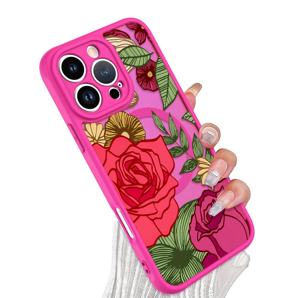 Wlxee Magnetic for iPhone 15 Pro Case Hot Pink Flower Floral Pattern [Compatible