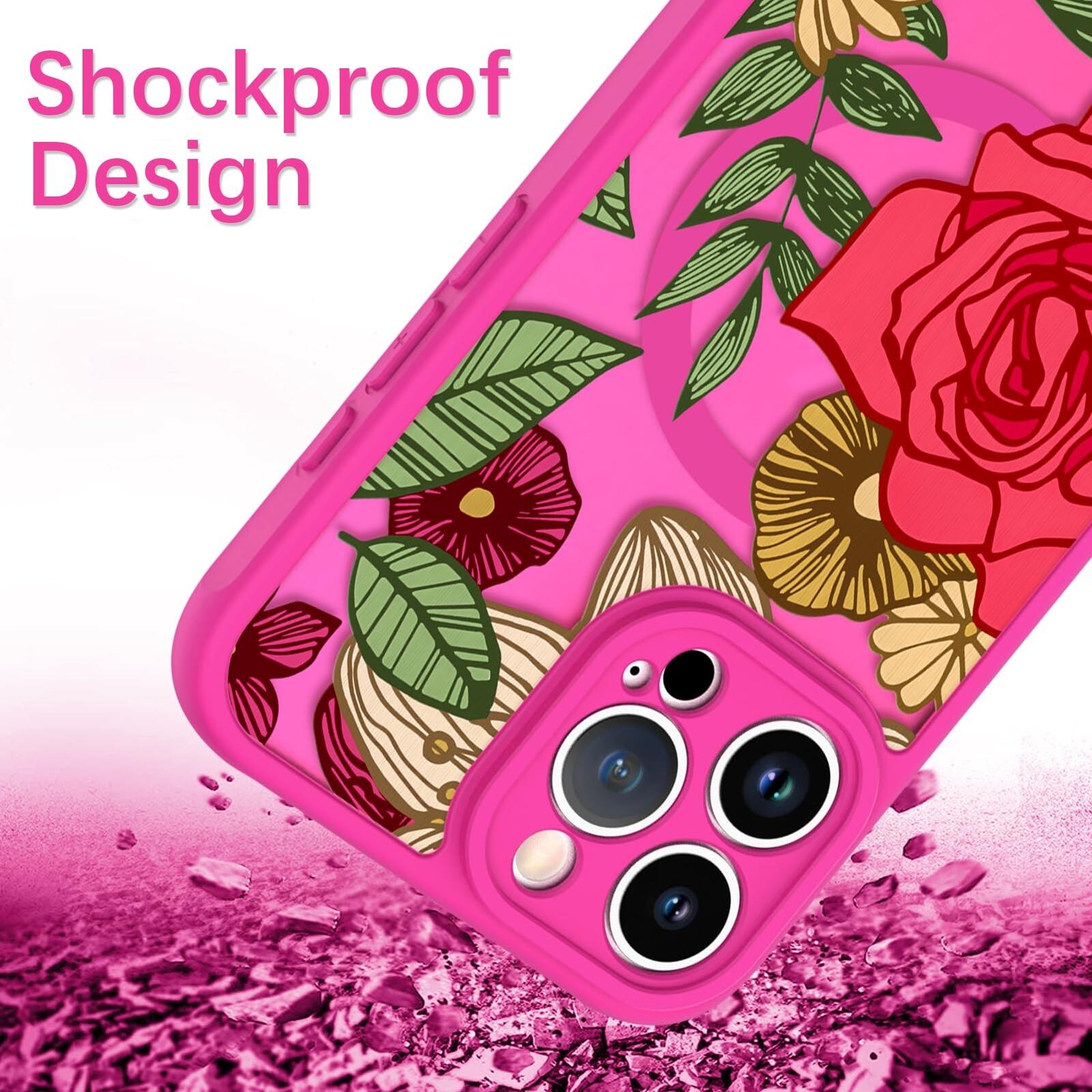 Wlxee Magnetic for iPhone 15 Pro Max Case Hot Pink Flower Floral Pattern