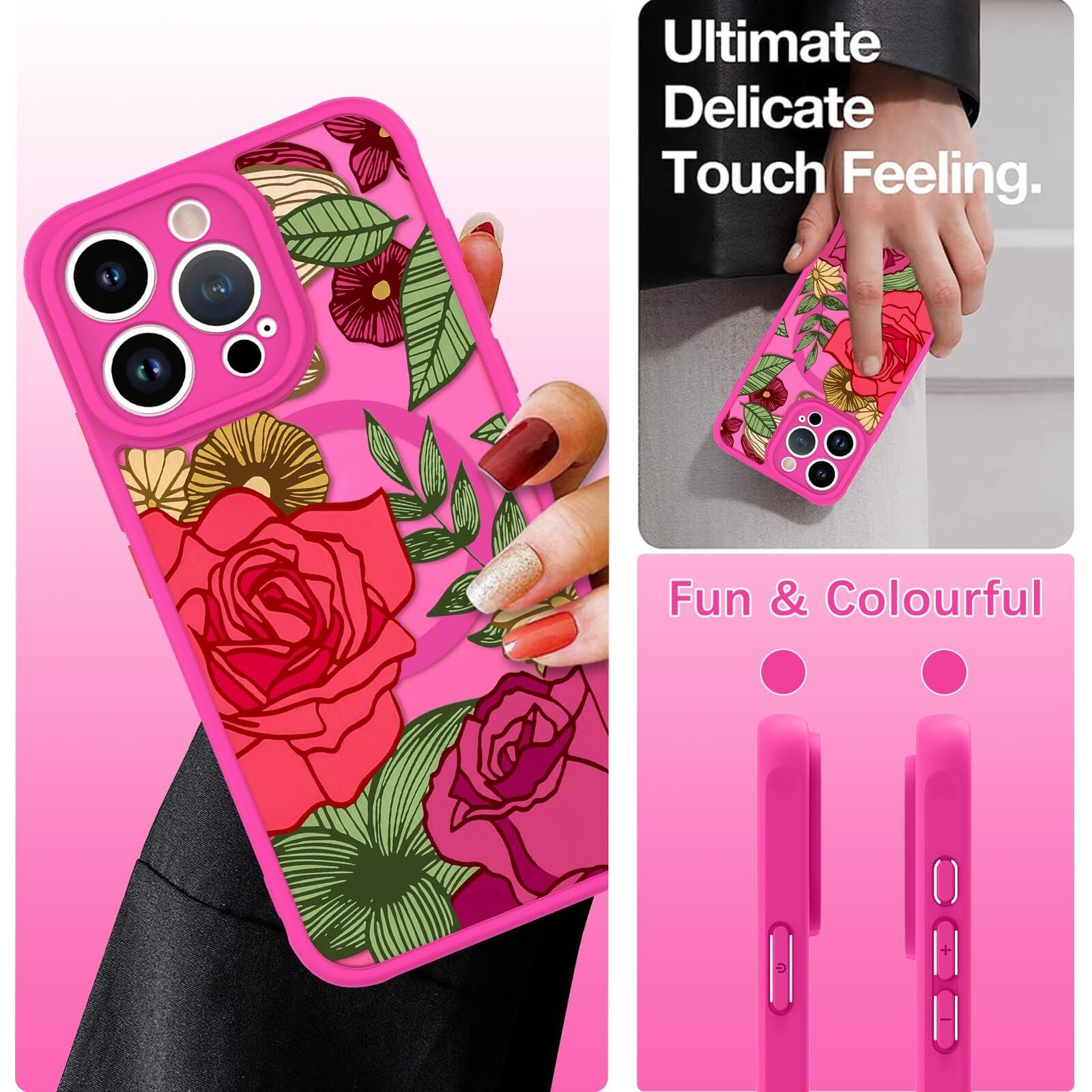 Wlxee Magnetic for iPhone 15 Pro Case Hot Pink Flower Floral Pattern [Compatible