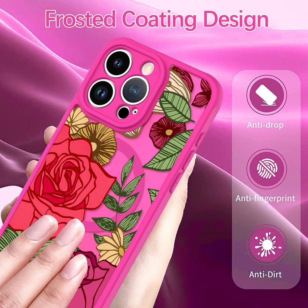 Wlxee Magnetic for iPhone 15 Pro Case Hot Pink Flower Floral Pattern [Compatible