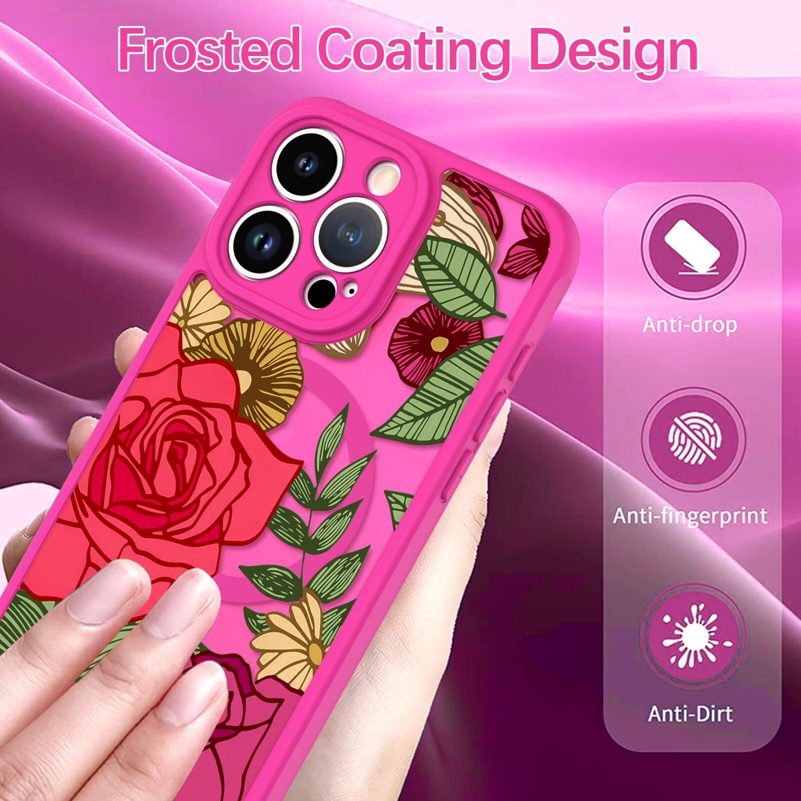 Wlxee Magnetic for iPhone 15 Pro Case Hot Pink Flower Floral Pattern [Compatible
