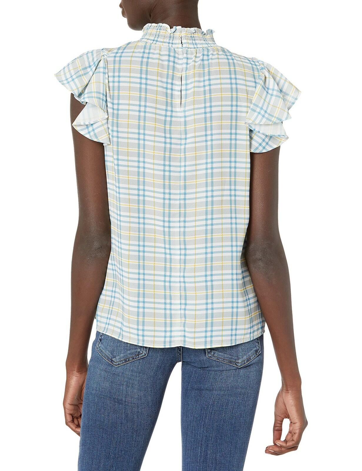 SUGARLIPS Women's Jeanie Plaid Mock Neck Blouse, Blue-Multi, Small