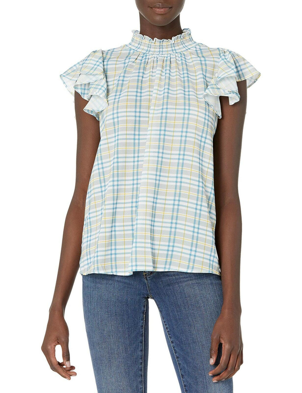 SUGARLIPS Women's Jeanie Plaid Mock Neck Blouse, Blue-Multi, Small