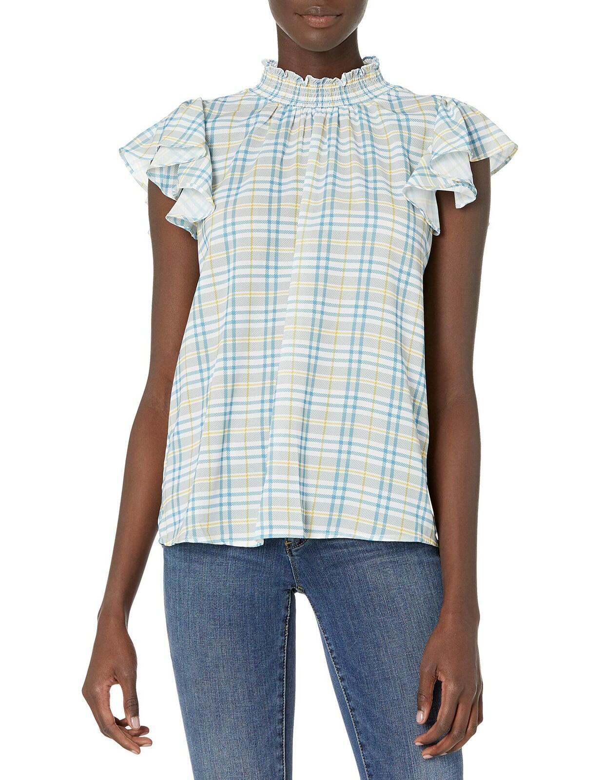 SUGARLIPS Women's Jeanie Plaid Mock Neck Blouse, Blue-Multi, Small