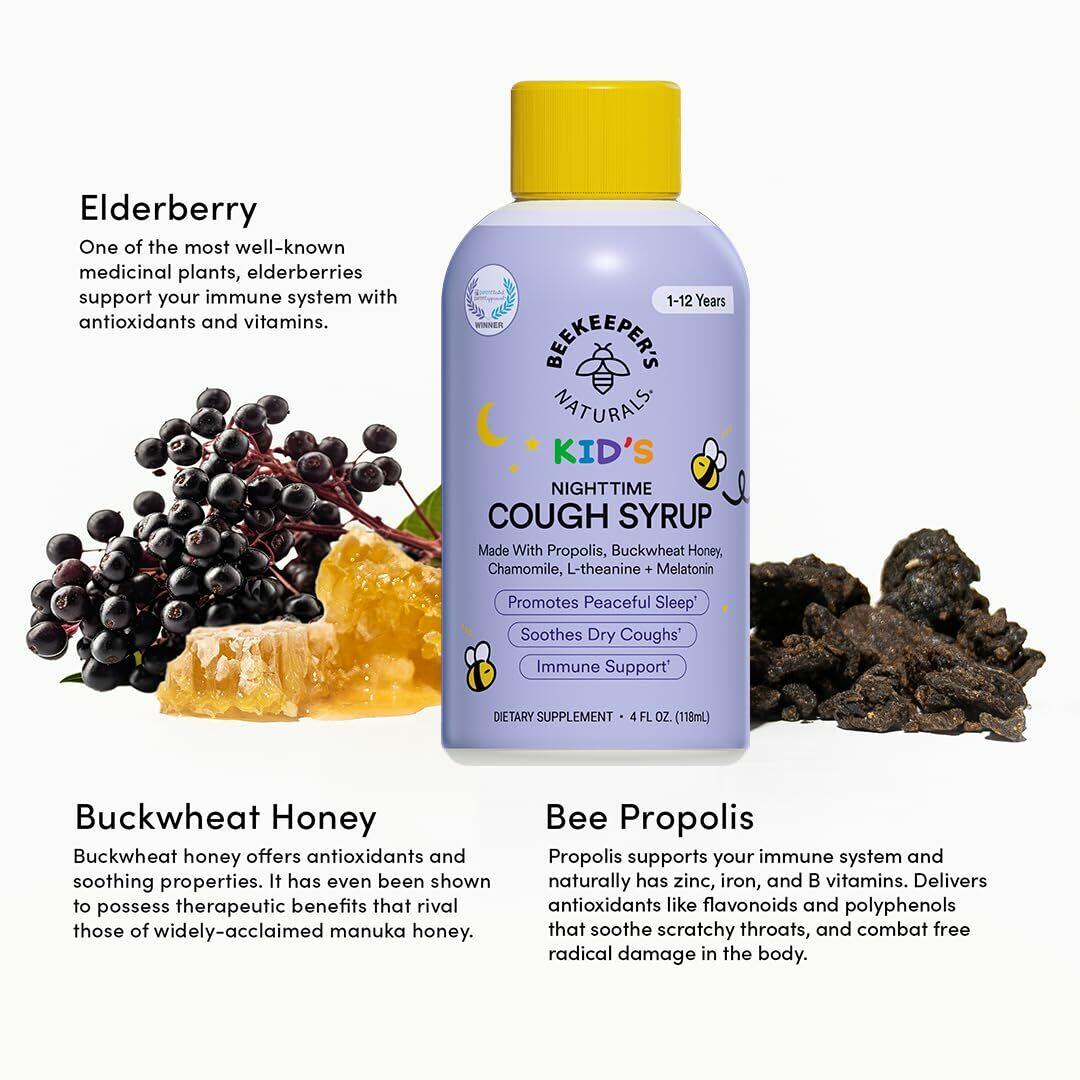 Beekeeper's Naturals Propolis Honey Cough Syrup Nighttime for Kids Immune