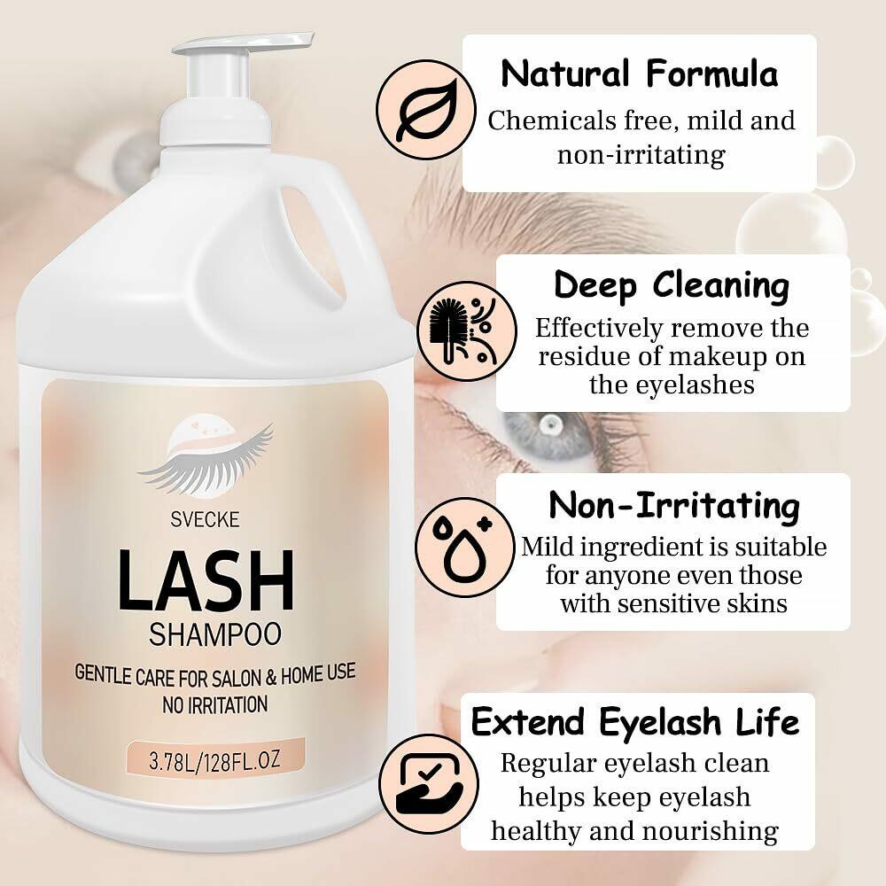 SVECKE Eyelash Shampoo, 128 fl.oz/3.78L, with 50 Lash Extension Aftercare Cards,